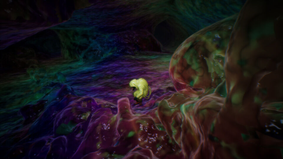 BACKROOMS screenshot: a dark cave of slimy, colourful organic shapes with a small yellow figure.