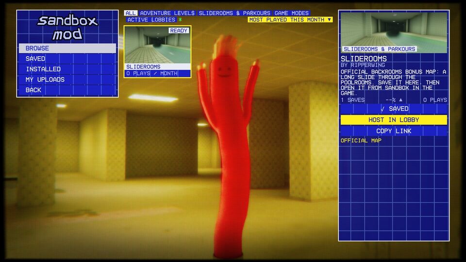 BACKROOMS screenshot: the Sandbox Mod menu open over a yellow room with a red inflatable tube man.