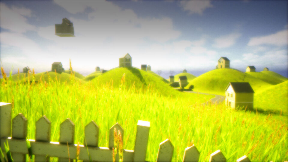 BACKROOMS screenshot: green rolling hills with small white houses behind a picket fence, one house floating in the sky.