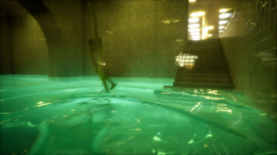 BACKROOMS screenshot: a flooded pool room with green water and stairs, a figure wading through it.