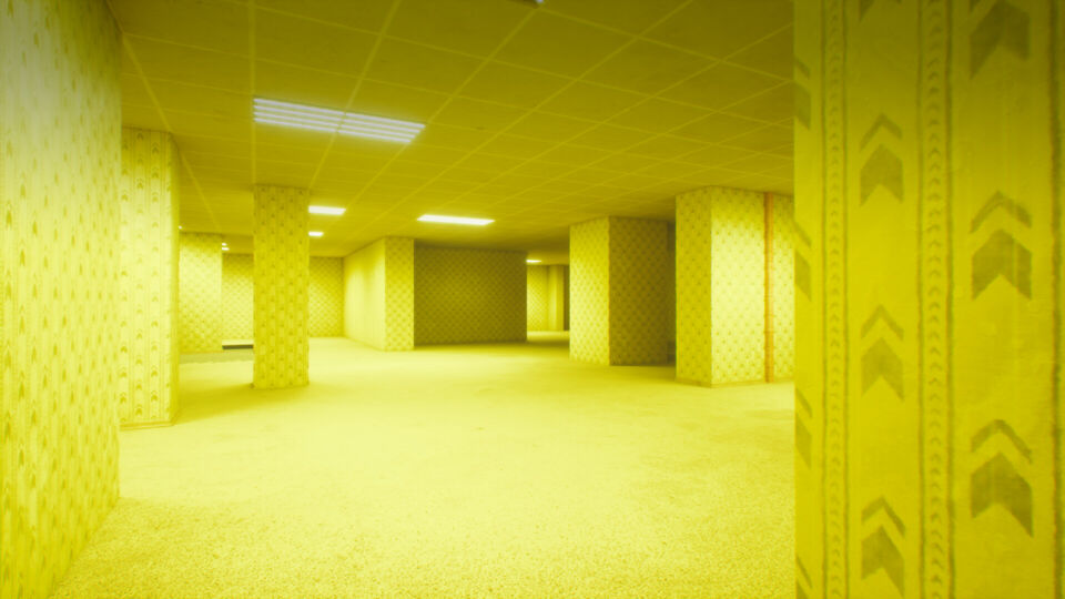 BACKROOMS screenshot: an empty yellow room with patterned wallpaper, pillars and ceiling lights.