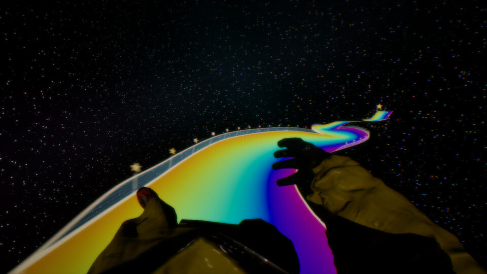 BACKROOMS screenshot: a player slides down a rainbow slide through a starry sky.