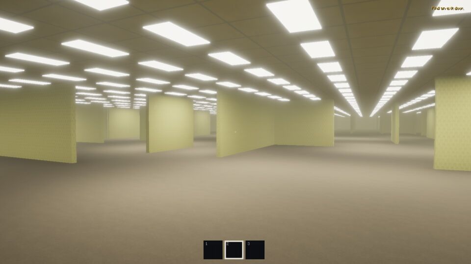 LEVELS screenshot: an endless room of yellow walls and bright ceiling lights, with the hint Find an exit door.