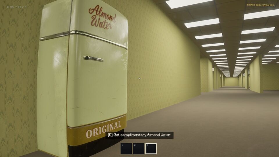 LEVELS screenshot: an Almond Water fridge beside a long yellow corridor lit by ceiling lights.