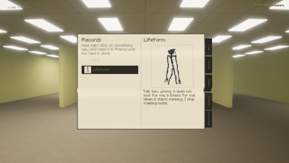 LEVELS screenshot: the Records journal open on a Lifeform entry, a sketch of a tall, thin entity.