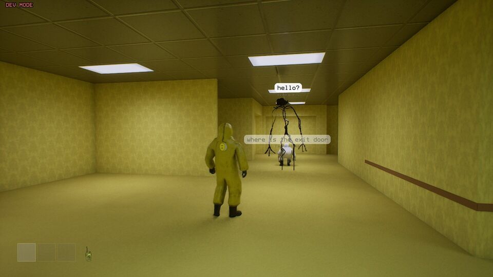 Noclip: Entity screenshot: a player in a yellow hazmat suit faces a spindly creature down a yellow hallway, with chat bubbles asking hello? and where is the exit door.