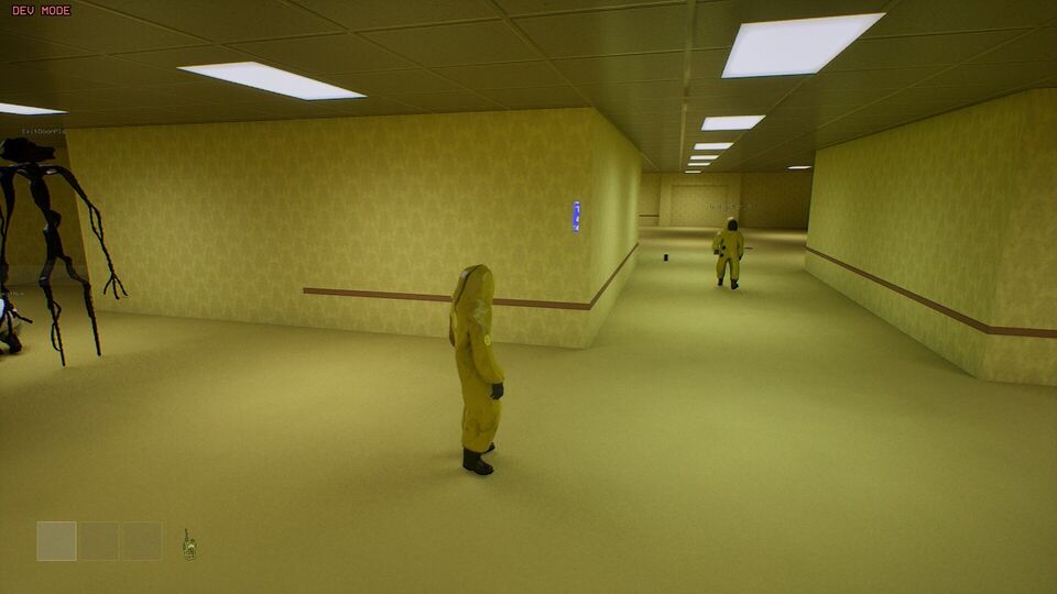 Noclip: Entity screenshot: a survivor in a yellow suit walks a long office hallway while the entity lurks at the edge.