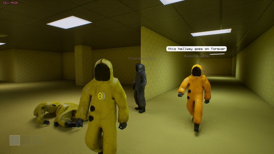 Noclip: Entity screenshot: survivors in yellow, orange and black suits walk past fallen players, one saying this hallway goes on forever.