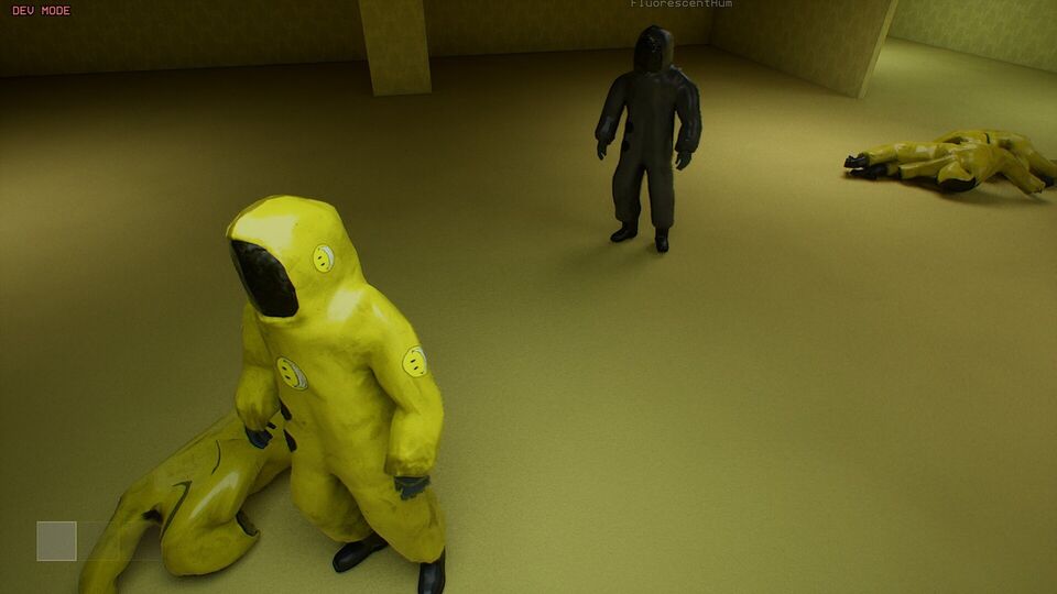 Noclip: Entity screenshot: a player in a yellow hazmat suit crouches by a downed teammate while a black-suited player stands behind.