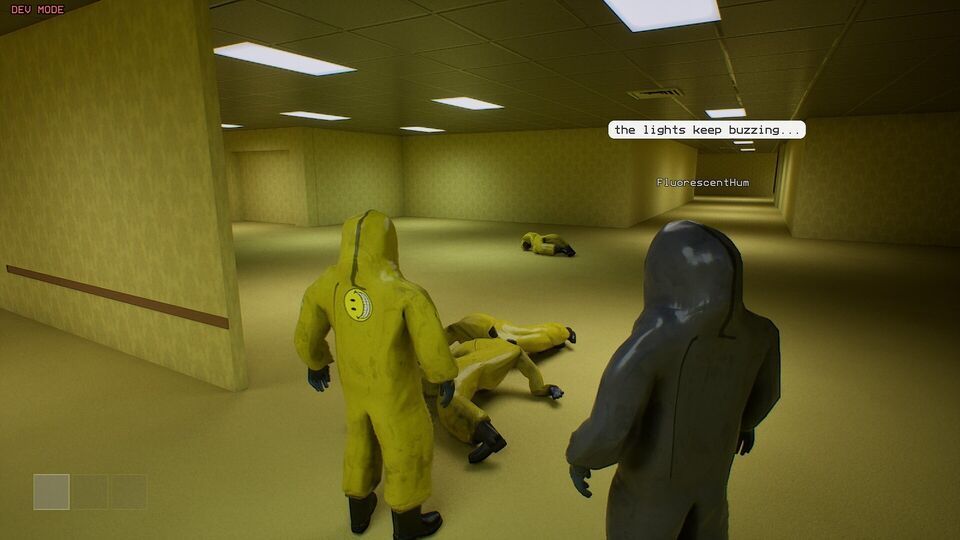 Noclip: Entity screenshot: players in yellow and black hazmat suits stand over downed survivors in a yellow office hallway.