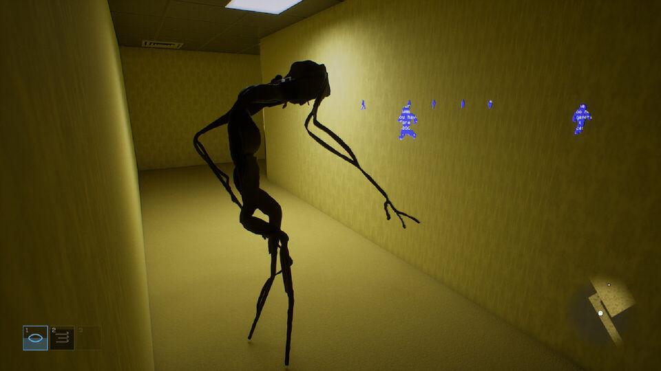 Noclip: Entity screenshot: the spindly dark entity stalks a yellow corridor, survivors marked in blue in the distance.